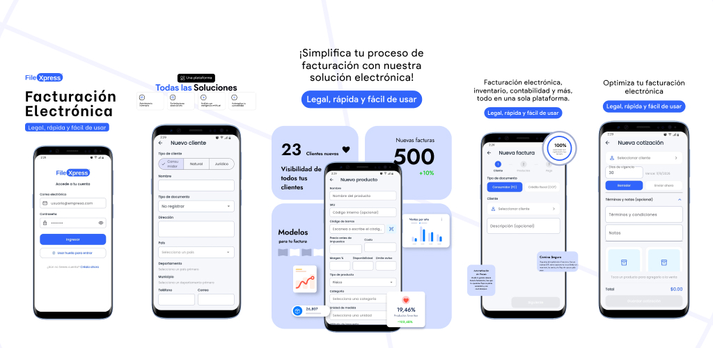 Aplicación FileXpress Hub para Android con pantallas de inicio, clientes, productos, facturación y cotizaciones